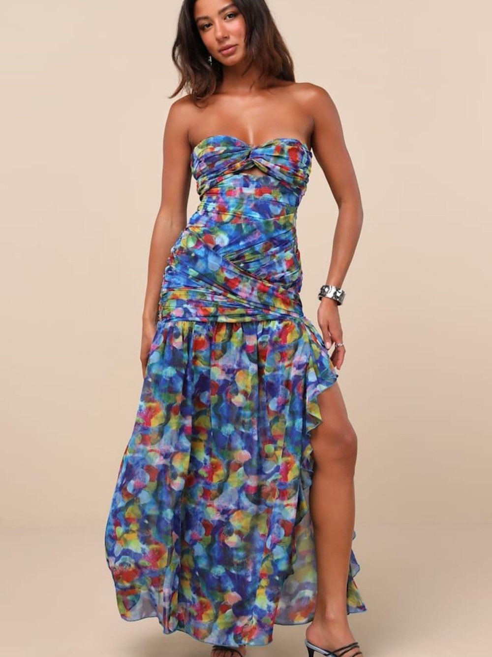 Lulu's Multicolor Strapless Watercolor Maxi Dress